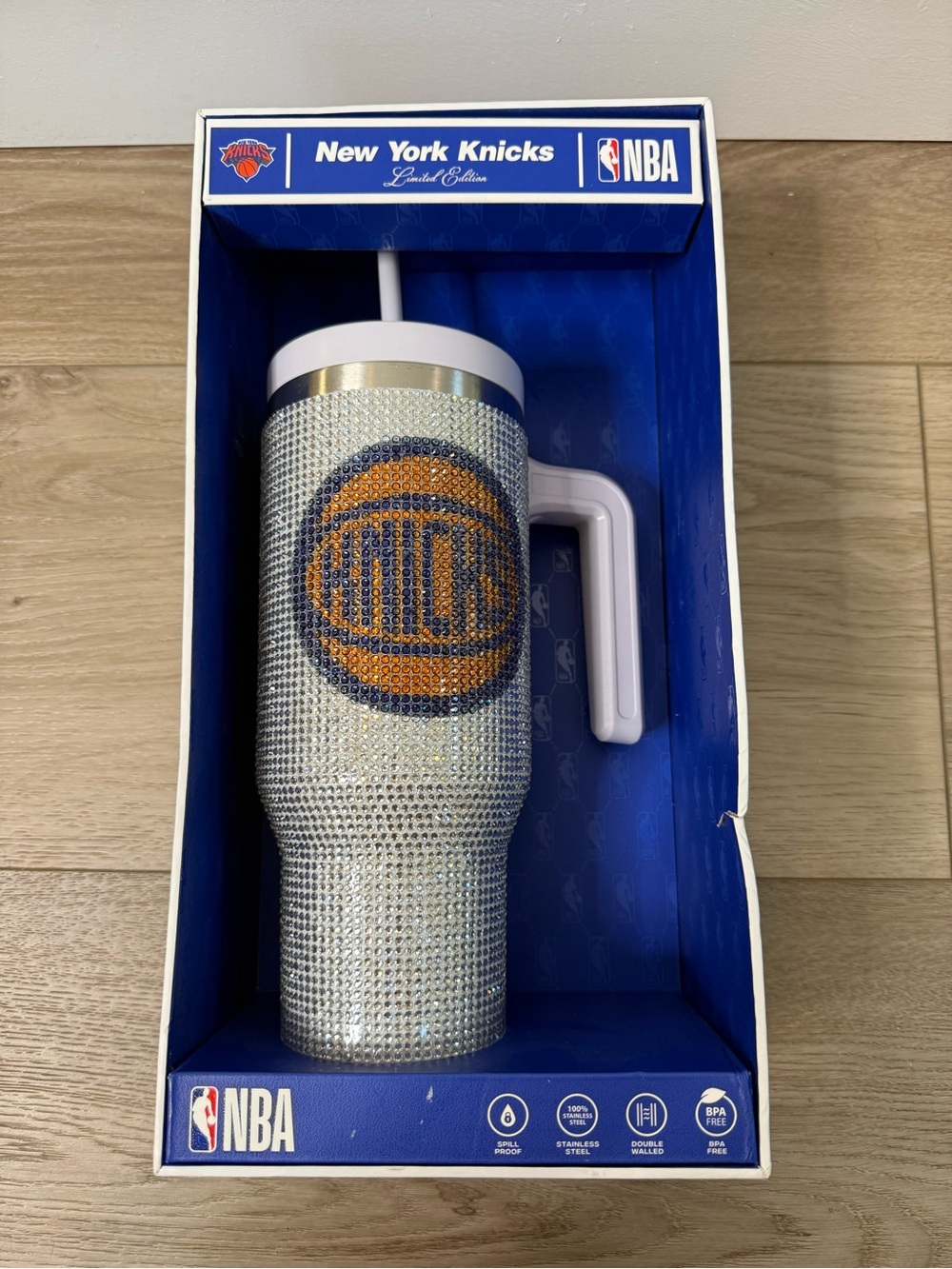 New York Knicks NBA Rhinestone Bling Tumbler Cup White, Orange, Blue